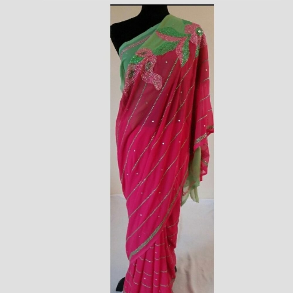 Gorgeous Pink and Green Georgette Saree